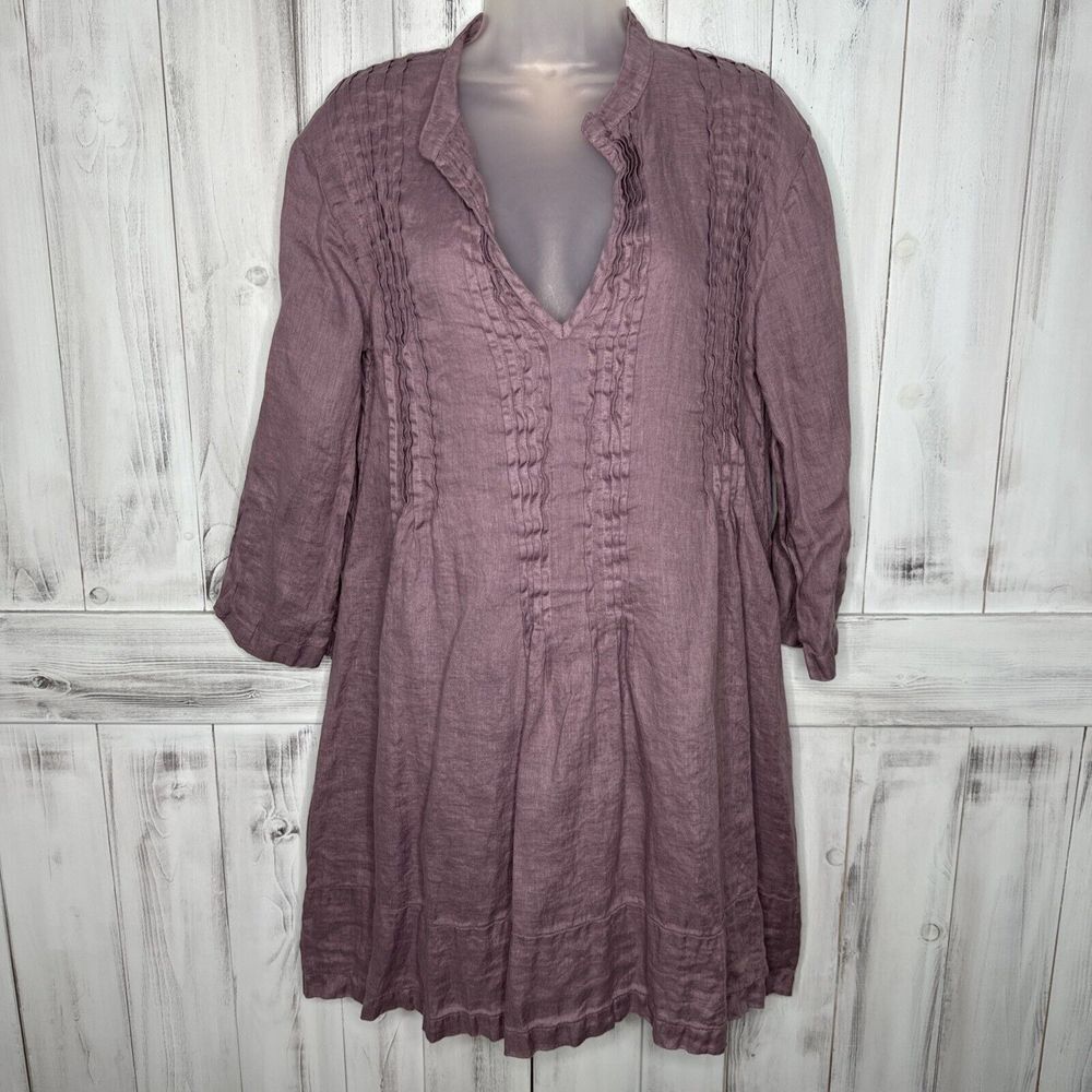 NWT CP SHADES PURPLE PINTUCK 100% LINEN 3/4 ROLL TAB SLEEVE REGINA TUNIC DRESS S